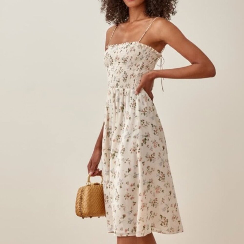 Reformation White and Pink Ruched Smocked Midi Sundress